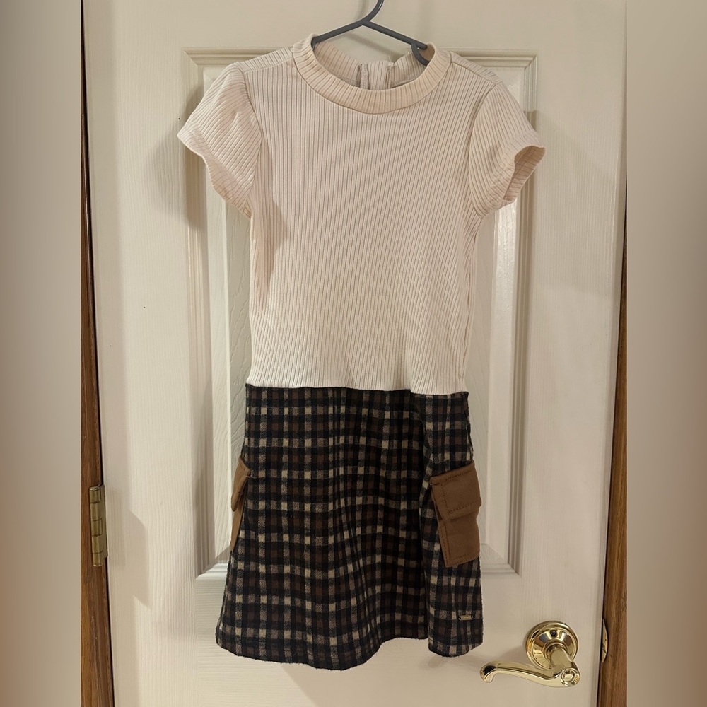 Tahari Cream and Brown Plaid Kids Dress